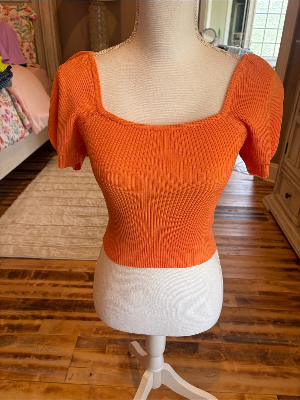 Women's Square Neck Ribbed Short Sleeve Top - Peach/Orange Color size small